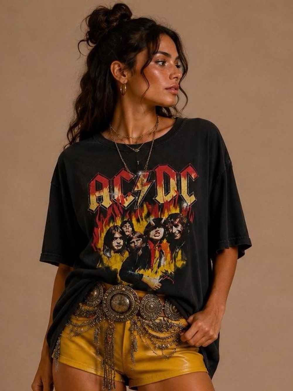 AC/DC Black Graphic Tee with Red and Yellow Flame Design - Women's Short Sleeve